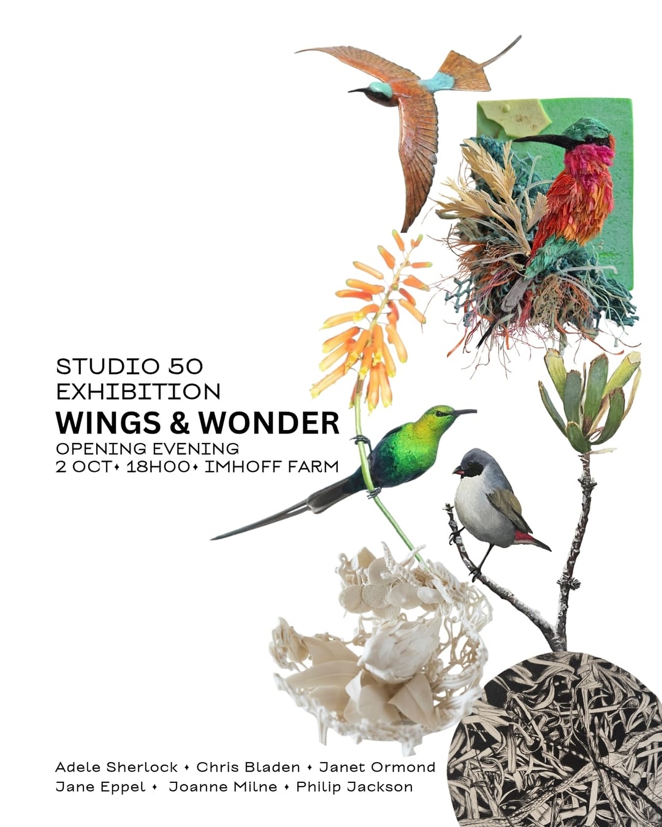 Don’t miss the opening of Wings & Wonder with our OSK artist @janetormond_art and fellow artists at
Studio 50 • Imhoff Farm
2 Oct - 2 Nov 2025
Birds, in all their forms, have always stirred the human imagination, as symbols of freedom, fragility, migration, and mystery. This October, Wings & Wonder brings together six artists whose practices span sculpture, printmaking, painting, and photography, each interpreting avian life through their own lens of material and meaning.
Janet Ormond reimagines discarded ocean plastic into sculptural forms that speak to both the vulnerability and resilience of nature. Adele Sherlock’s porcelain works capture the tension between delicacy and strength, echoing the fleeting grace of birds. Chris Bladen’s bronzes are grounded in meticulous realism, celebrating fine detail and timeless form. Jane Eppel, through her printmaking practice, explores the idea of nest, a symbol of care, home, and the fragile architectures of life. Joanne Milne’s paintings depict birds in moments of stillness, perched on branches, inviting us to pause and notice their quiet presence. With quiet precision, Philip Jackson’s photography holds in focus the stillness and flight so often only glimpsed.
Together, their works form a collective meditation, on flight, on fragility, and on the enduring wonder birds inspire.